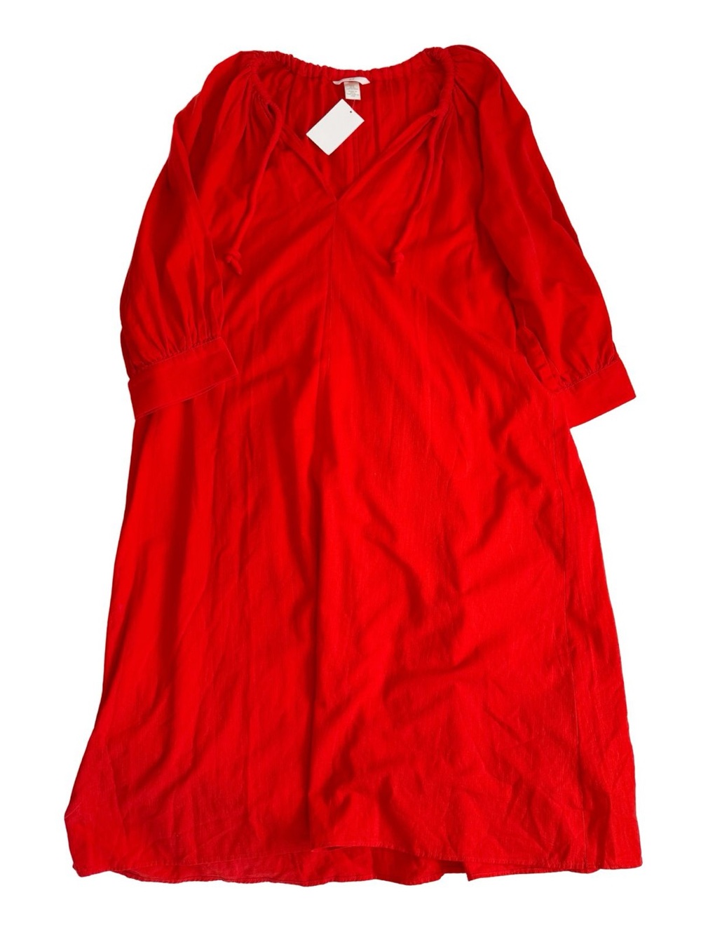 H&M bright Red Cotton Dress With Drawstring Maxi Length Sz Small NWT